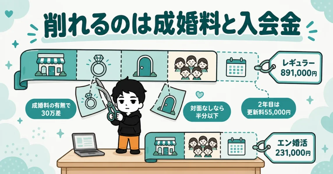 ムスベルの費用を抑えたい人の選択肢。成婚料と入会金で総額が変わる図解