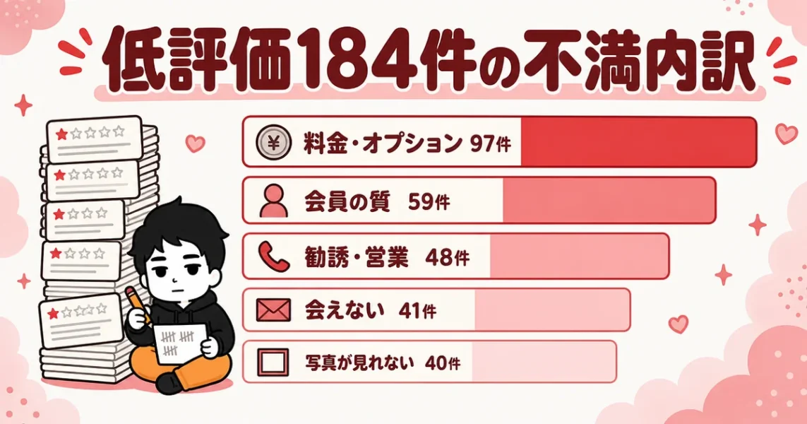 オーネットの口コミ293件を分類し低評価184件の不満の内訳を件数順に並べた棒グラフ