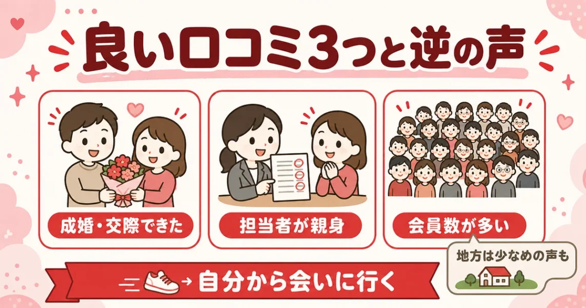 オーネットの良い口コミ評判3選。成婚できた・担当者が親身・会員数が多いを並べた図解