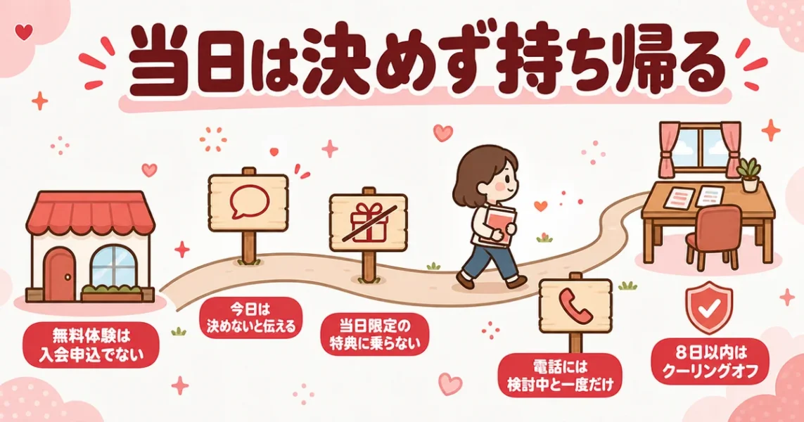 オーネットの無料マッチング体験で勧誘されても当日入会しない断り方3つを道順で示した図解
