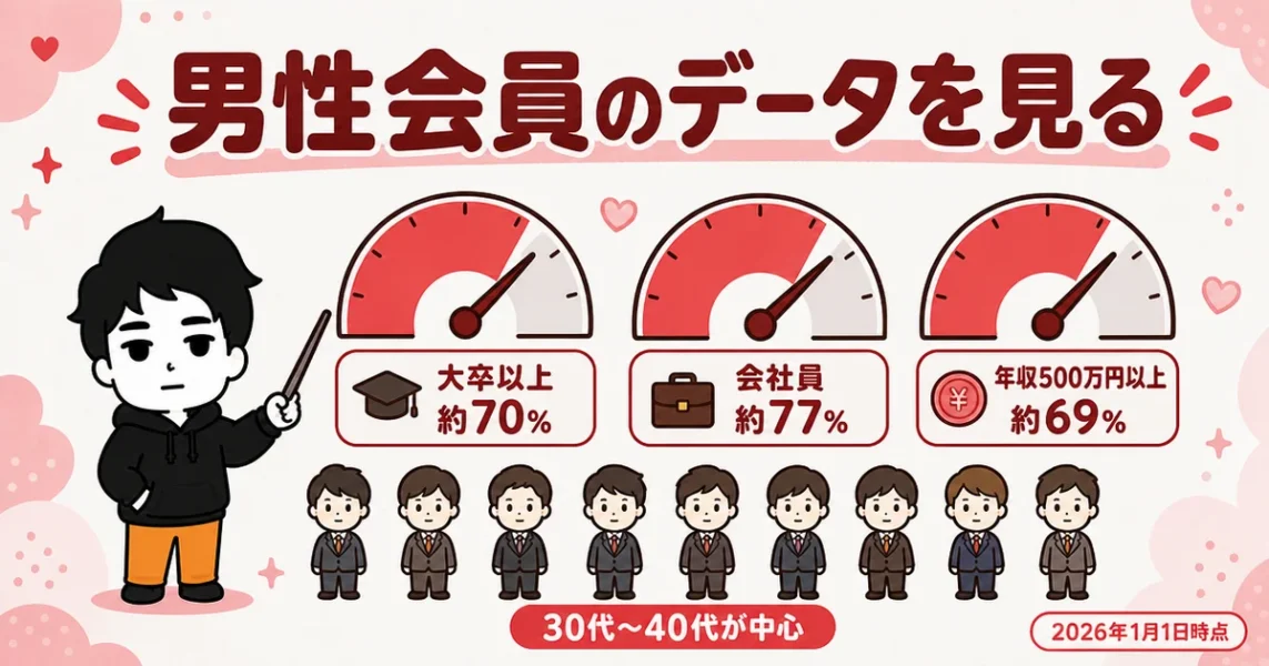 オーネットの男性レベルを公式データで確認。大卒以上・会社員・年収500万円以上の割合を示す図解