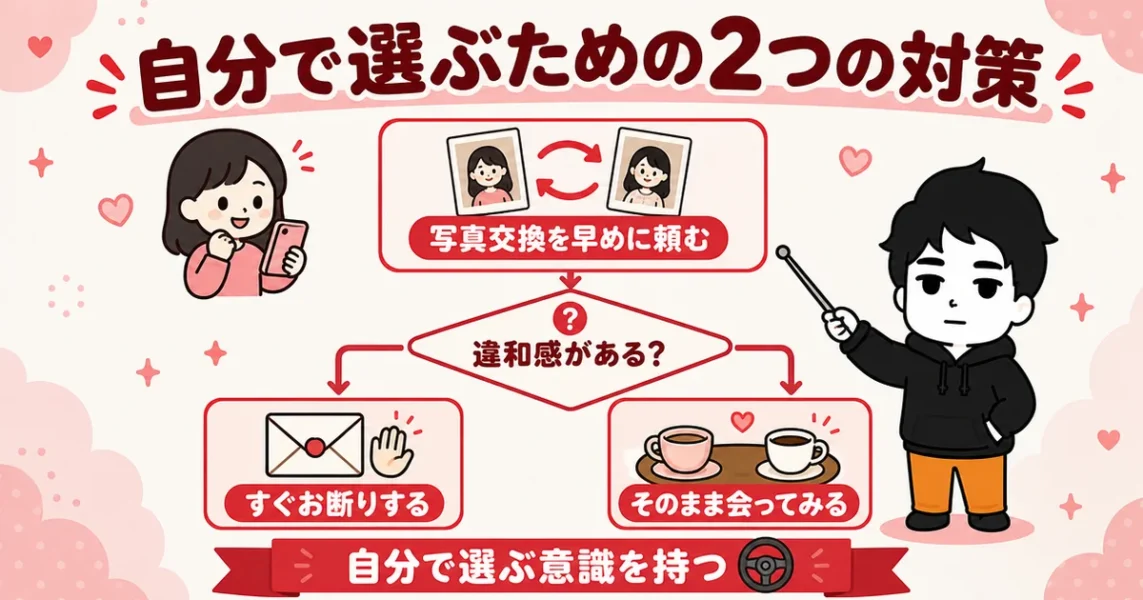 オーネットで相手選びに迷わない対策。写真交換を早めに頼み違和感があればお断りする流れの図解