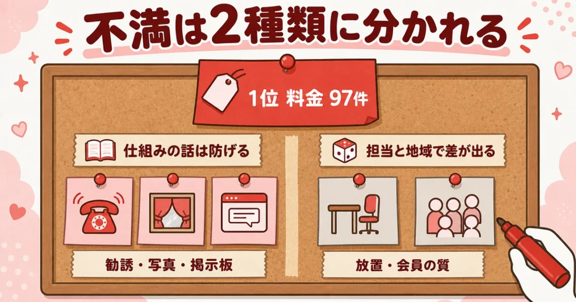 オーネットの低評価口コミ184件の不満を、入会前に防げる仕組みの話と担当・地域の差に分けた図解