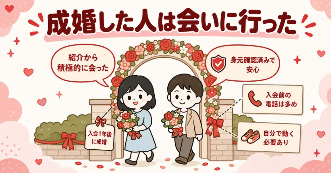 オーネットで結婚できた人の口コミ。入会1年後に成婚した人と成婚退会した人の共通点の図解