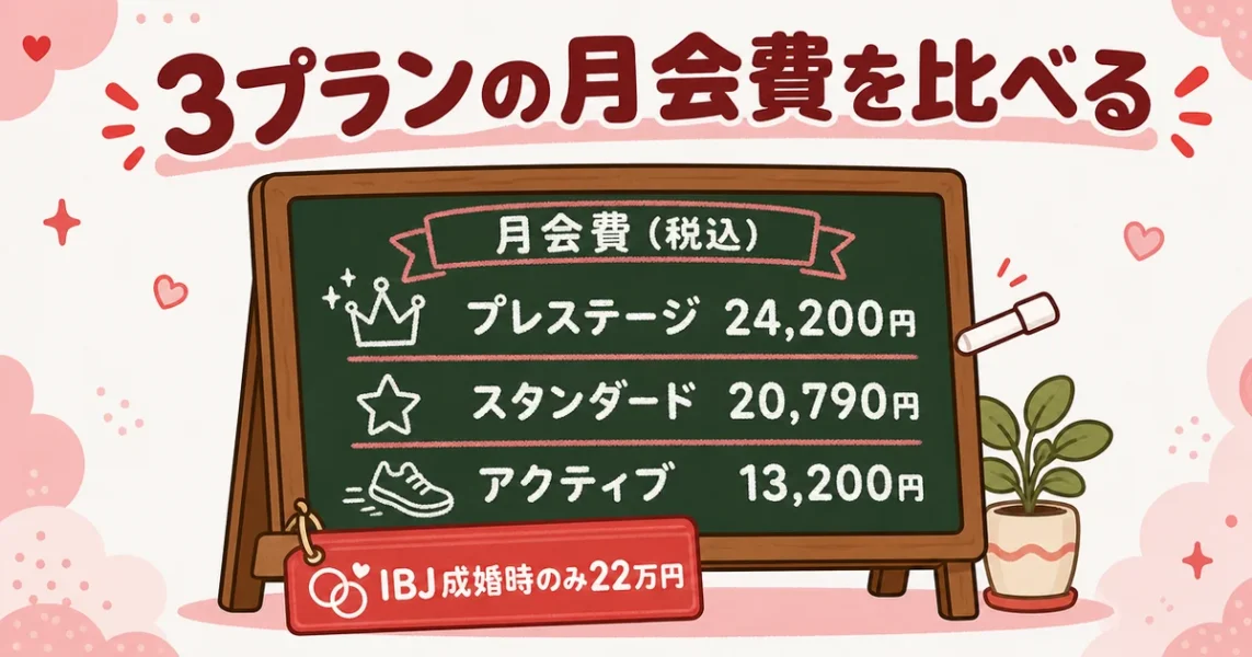 オーネットの料金3プラン比較。プレステージ・スタンダード・アクティブの月会費と成婚料の図解
