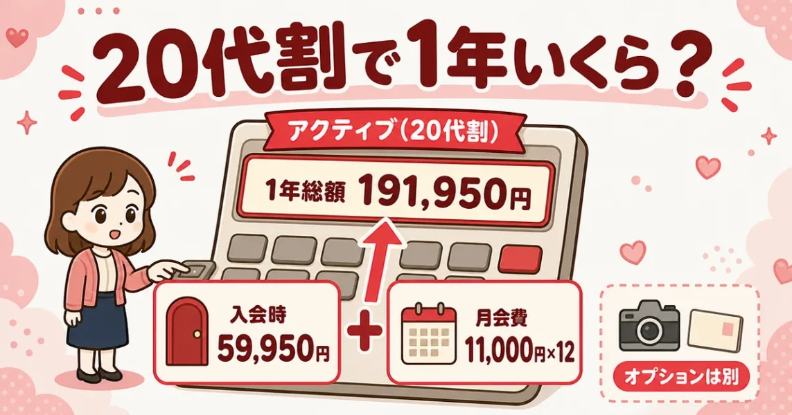 オーネット20代割の実額。アクティブプランで入会時59,950円と月会費11,000円の1年総額の図解