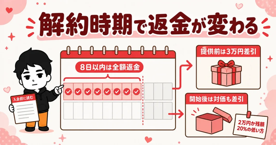 オーネットを中途解約するといくら戻るか。8日以内のクーリングオフと解約時期別の差引額の図解