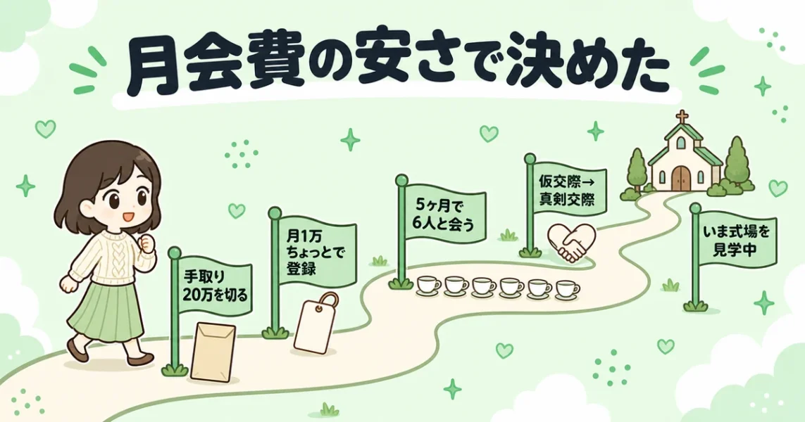 安いIBJ加盟店の体験談、28歳女性が月会費の安さで選び5ヶ月で6人と会って成婚した図