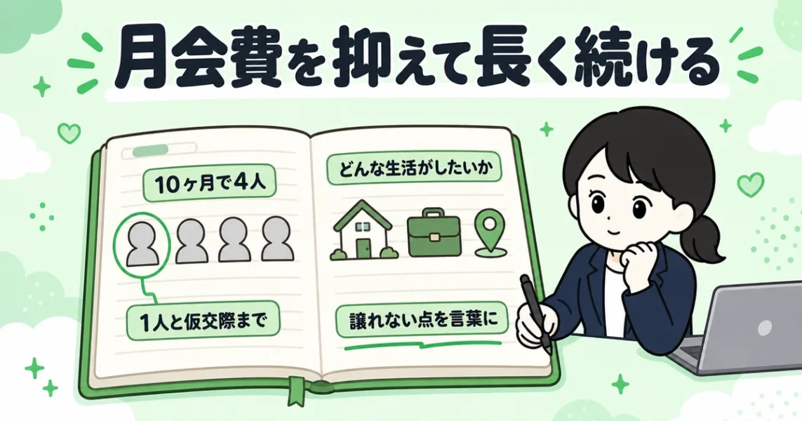安いIBJ加盟店の体験談、30歳女性が月会費を抑えて10ヶ月で4人と会い活動を続ける図