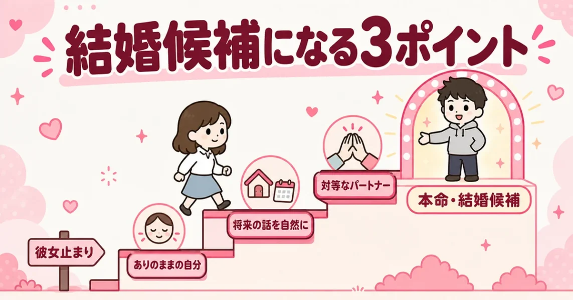 彼女止まりから本命・結婚候補になる3つのポイントを階段で示した図解