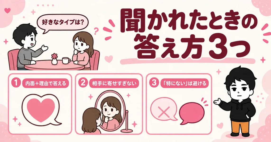 お見合いやデートで好きなタイプを聞かれたときの答え方3つをカードで並べた図解