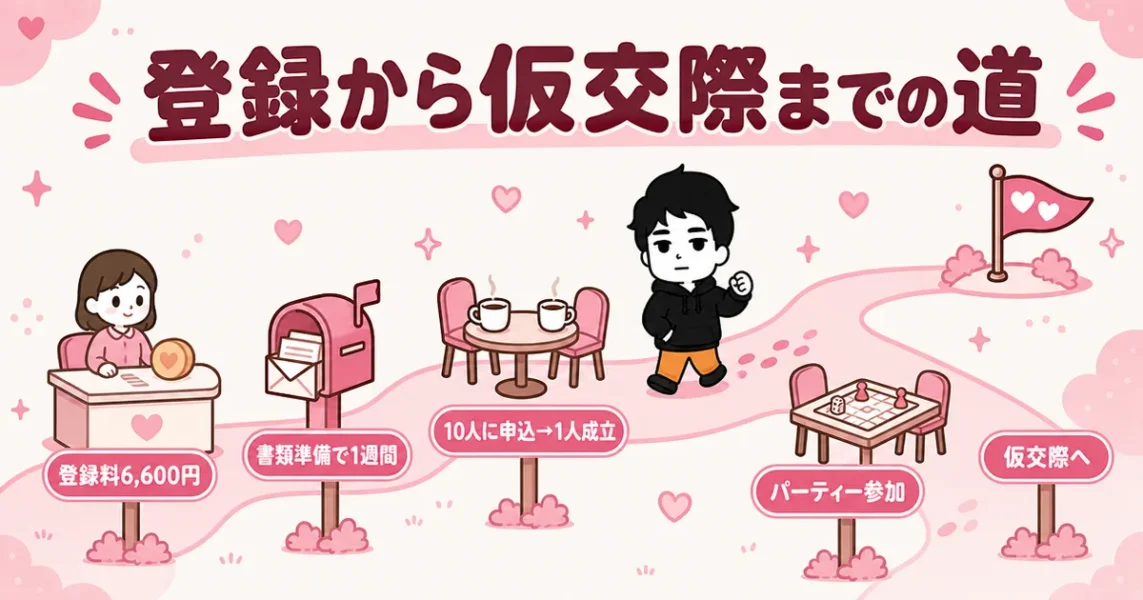 スマリッジの体験談レビュー。登録からお見合い、仮交際までの流れを道で示した図解