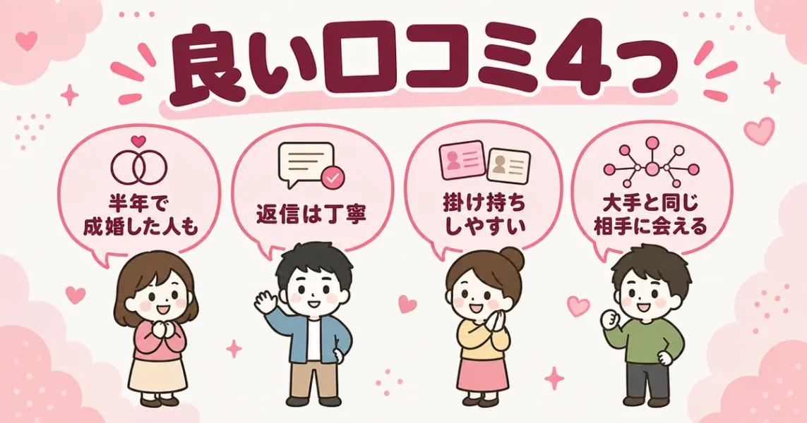 スマリッジの良い口コミ4つ。半年で成婚・返信が丁寧などの評判をまとめた図解