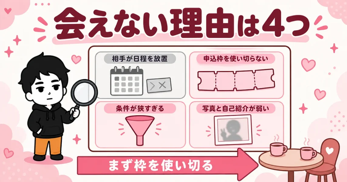 「スマリッジは会えない」は本当か。会えない理由4つと対策を虫めがねで調べる図解