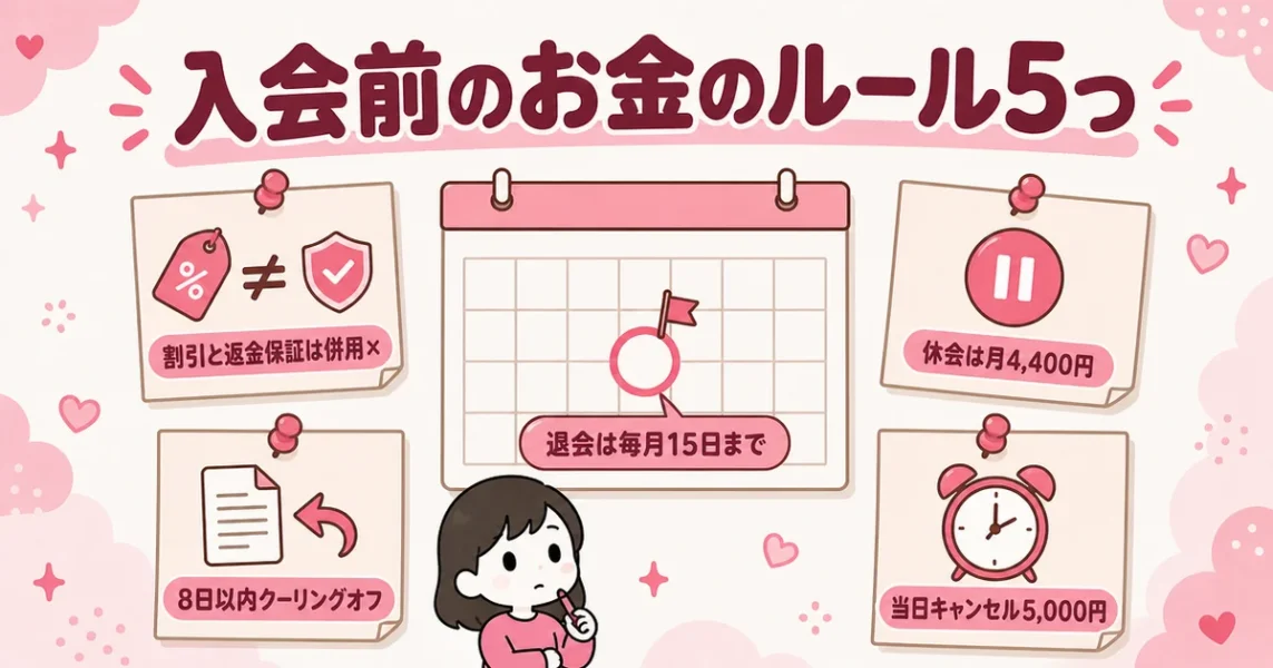 スマリッジ入会前に知っておくお金のルール。退会締切15日や休会費を示した図解