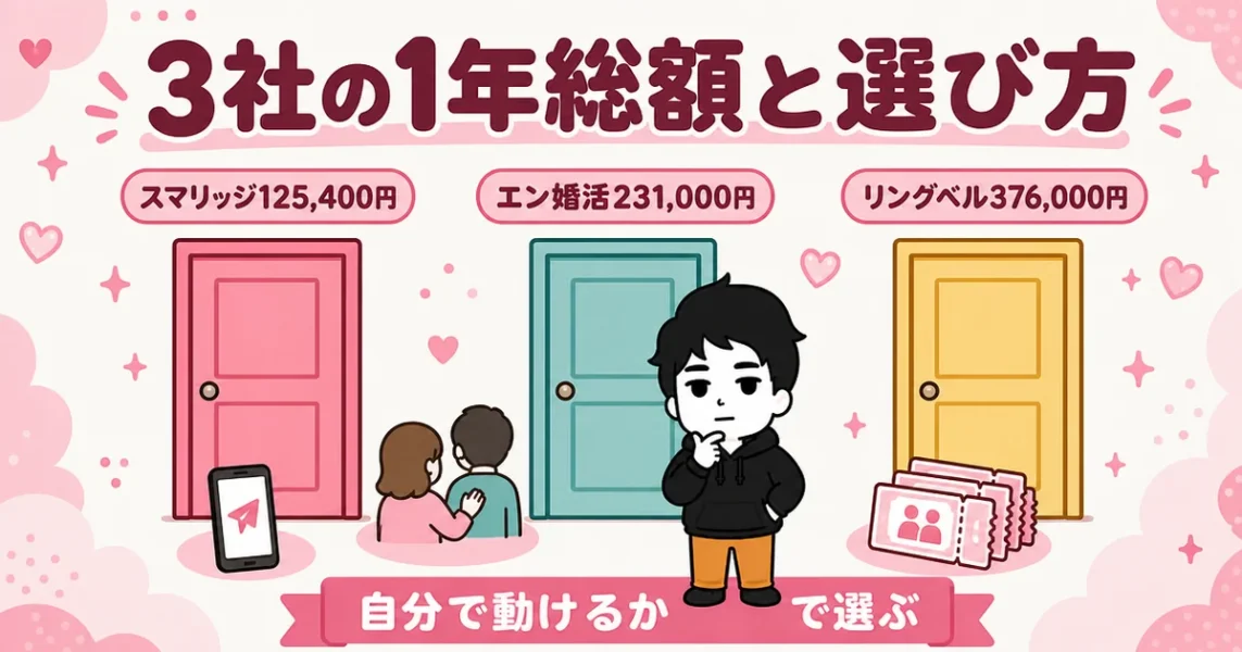 スマリッジとエン婚活・リングベルの違い。1年総額と選び方を3つの扉で比べた図解