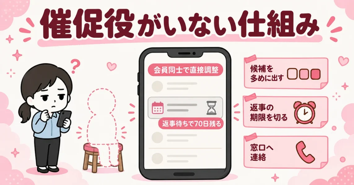 スマリッジの口コミで多い「相手が日程調整を放置しても催促がない」仕組みと対策の図解