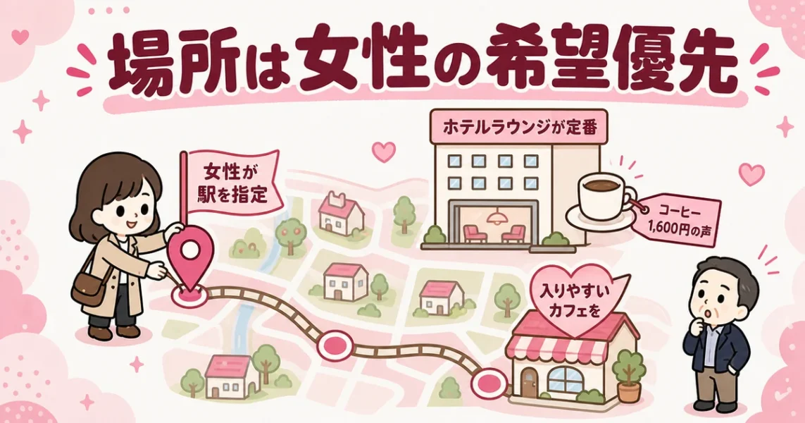 スマリッジのお見合いは待ち合わせ場所を女性が決めるルール。ホテルラウンジとカフェの違いの図解