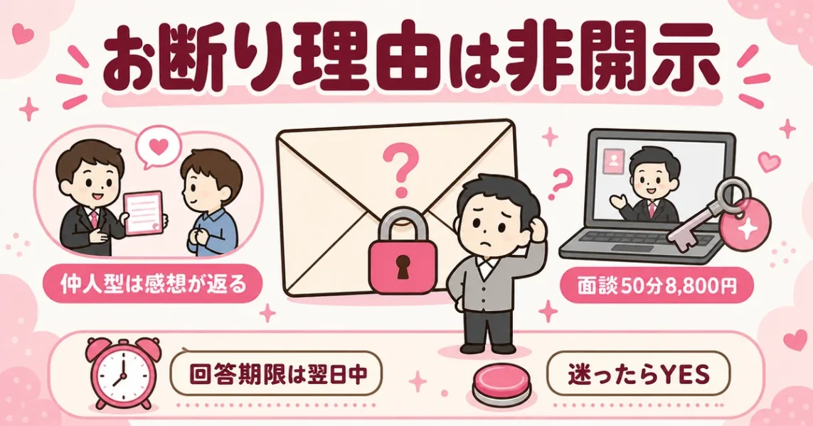 スマリッジはお断りの理由が開示されない。仲人型との違いとオンライン面談で相談する方法の図解