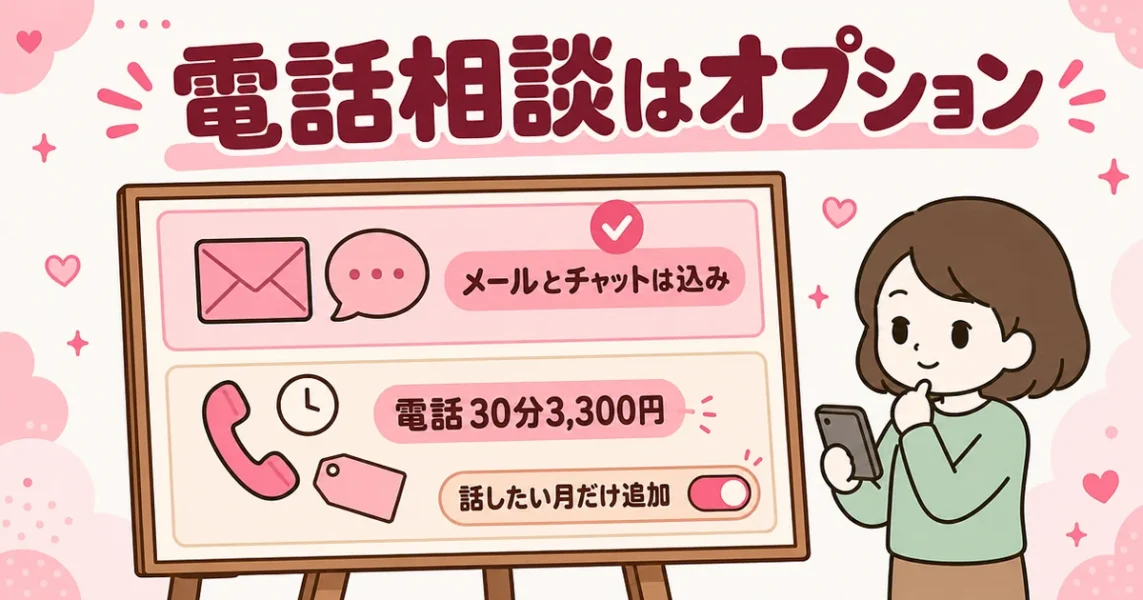 スマリッジの電話相談は30分3,300円のオプション。基本料金に含まれるのはメールとチャットという図解