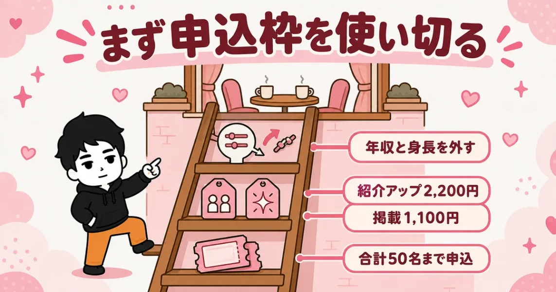 スマリッジで会えないときの対策。月50名の申込枠を使い切り、オプションと条件を見直す順番の図解