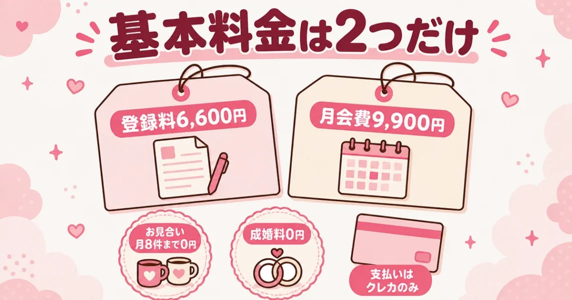 スマリッジの料金は登録料6,600円と月会費9,900円の2つだけ。お見合い料と成婚料の図解