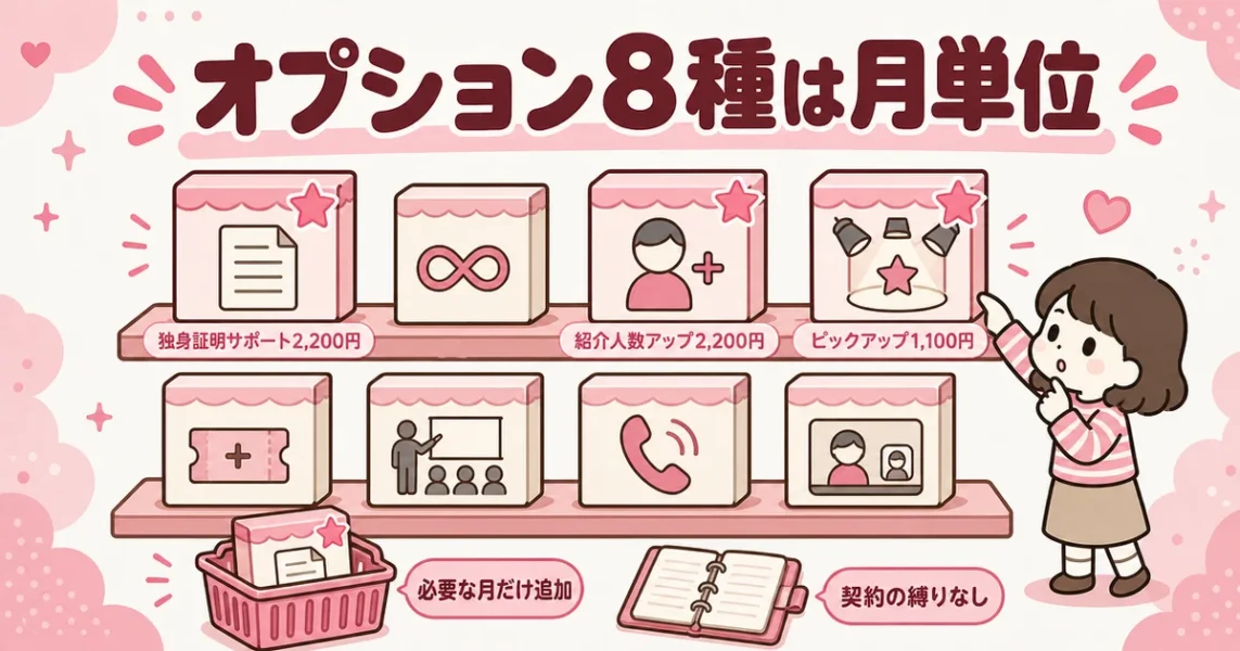スマリッジのオプション8種の料金。利用が多い独身証明書取得サポートなど3つを示した図解