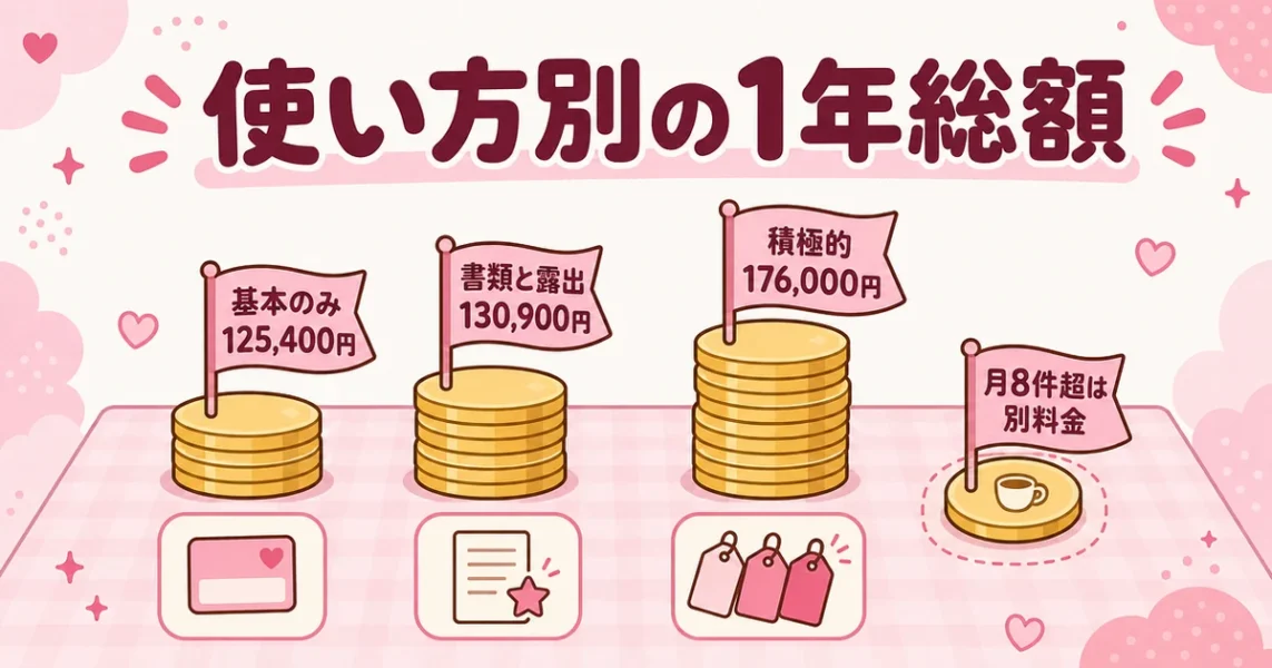 スマリッジの1年の総額。基本のみ125,400円からオプションを使った場合176,000円までの比較図解