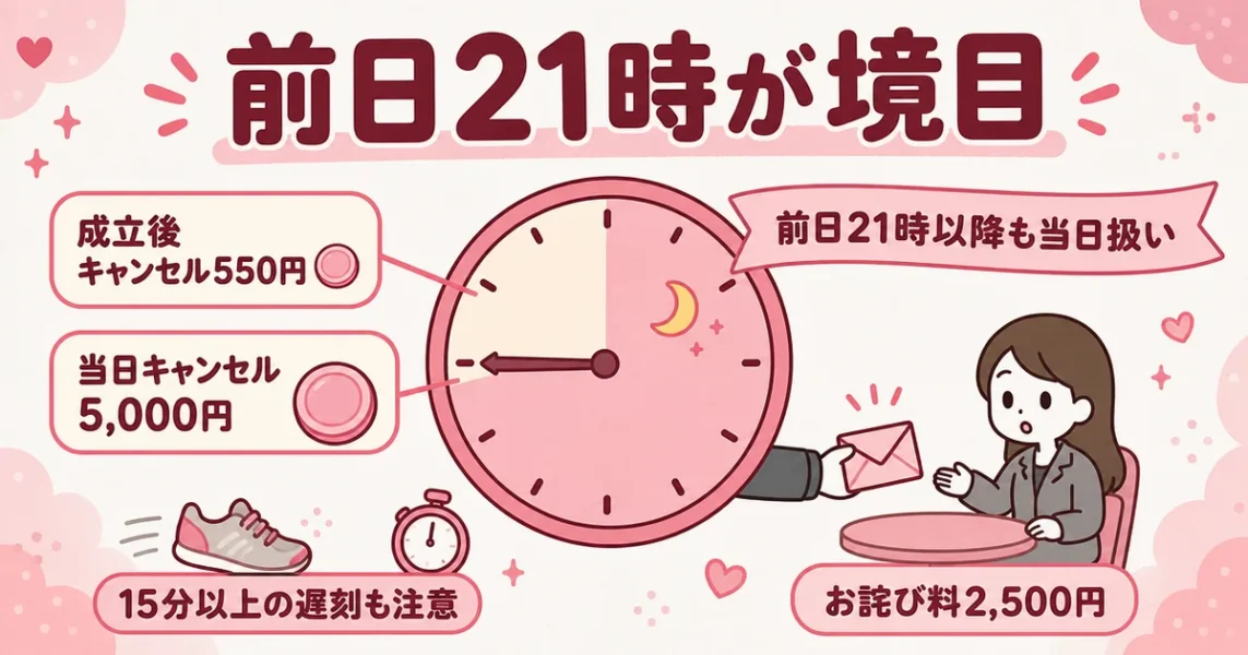 スマリッジの当日キャンセル料は5,000円。前日21時以降の連絡も当日扱いになるルールの図解