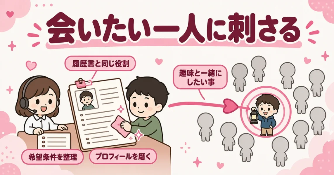 スマリッジのサポート。プロフィールの磨き直しと希望条件の整理で、会いたい相手に刺さる文章にする図解