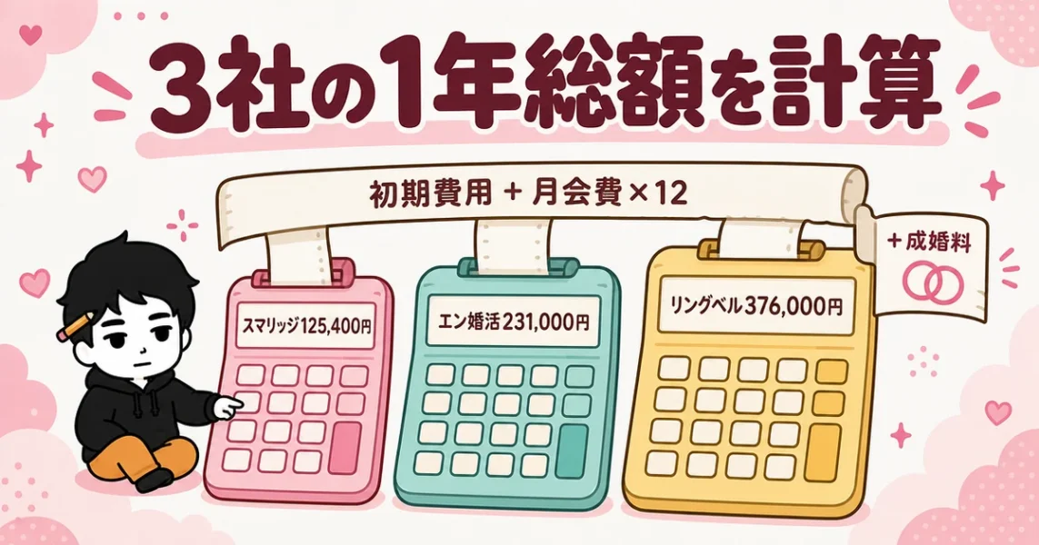 スマリッジ・エン婚活エージェント・リングベルの料金比較。1年の総額を並べた図解