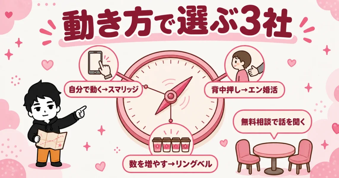 スマリッジ・エン婚活・リングベルで迷ったときの選び方。自分で動けるかで決める図解