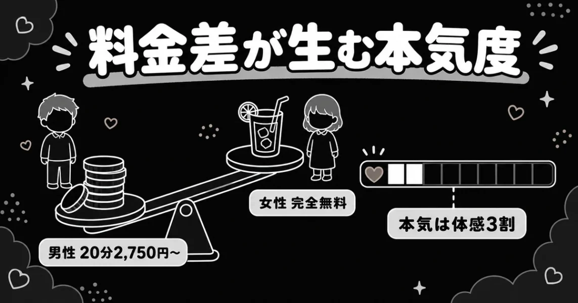 ザシングルは女性無料・男性20分2,750円〜。料金差と本気度は体感3割という図解