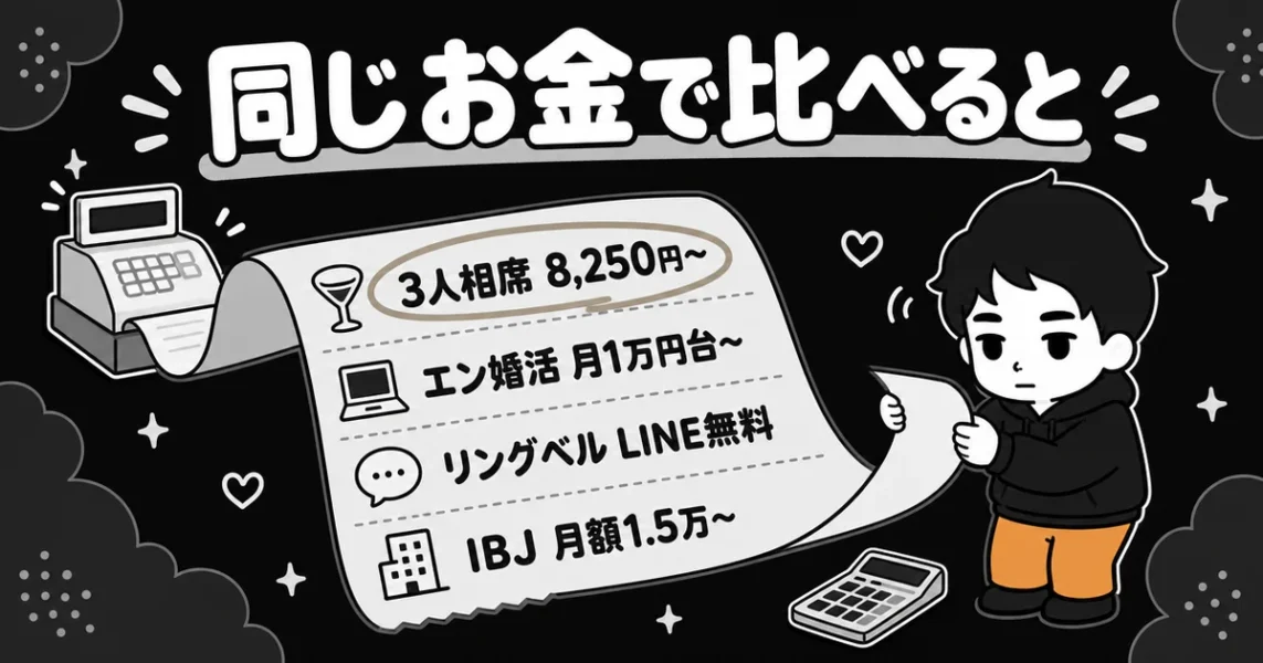 ザシングルより効率的な婚活手段。3人相席8,250円〜とエン婚活・リングベル・IBJの費用比較の図解
