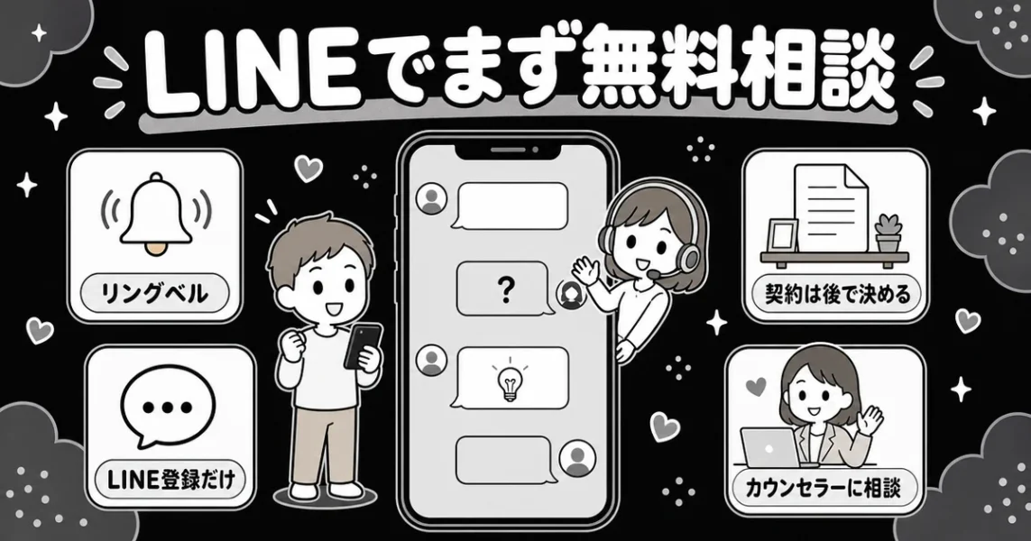 リングベルはLINE登録だけでカウンセラーに無料相談できる手軽さを示した図解