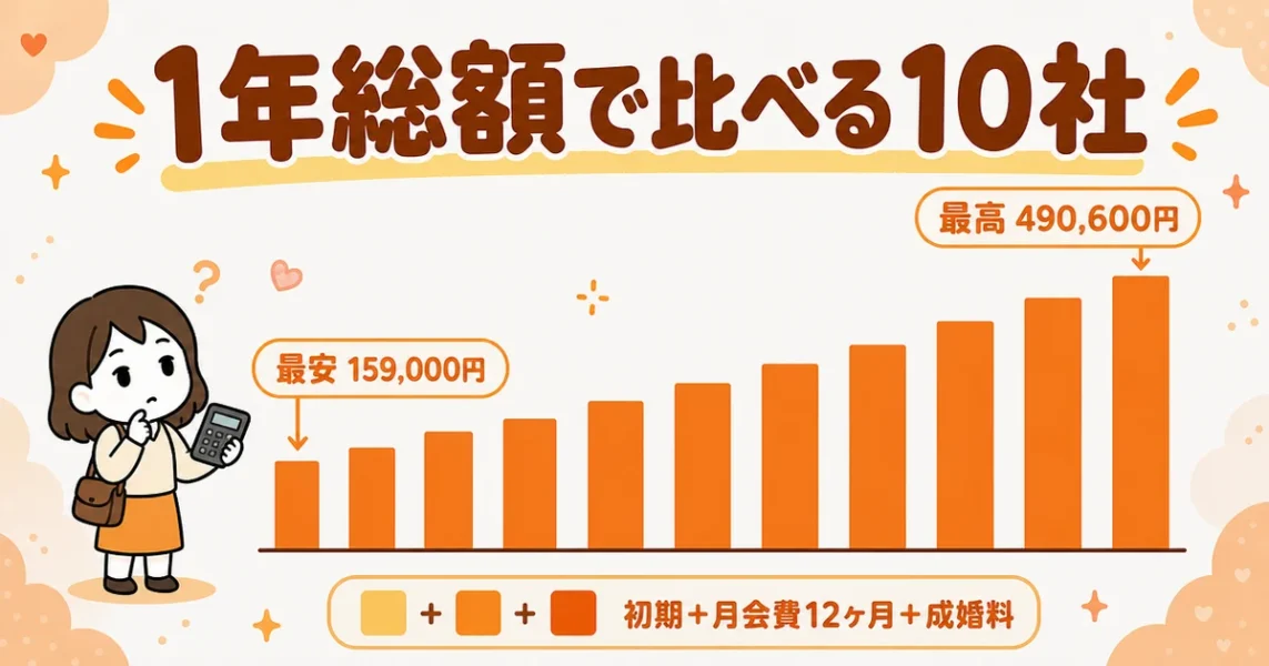 安い結婚相談所おすすめ10社を成婚料込みの1年総額で比べた棒グラフの図解