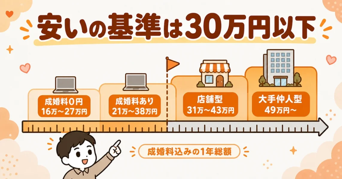 結婚相談所の料金相場を型別に並べ、安いの基準が1年総額30万円以下と分かる図解