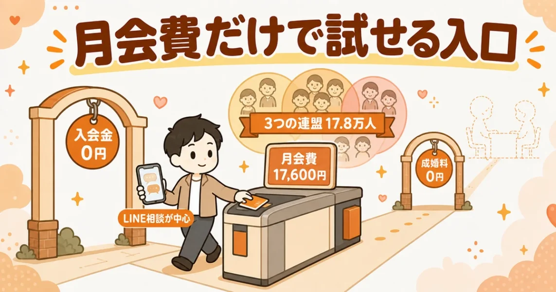 安い結婚相談所7位リングベルLiteの入会金0円・成婚料0円・月会費17,600円を改札で示す図解