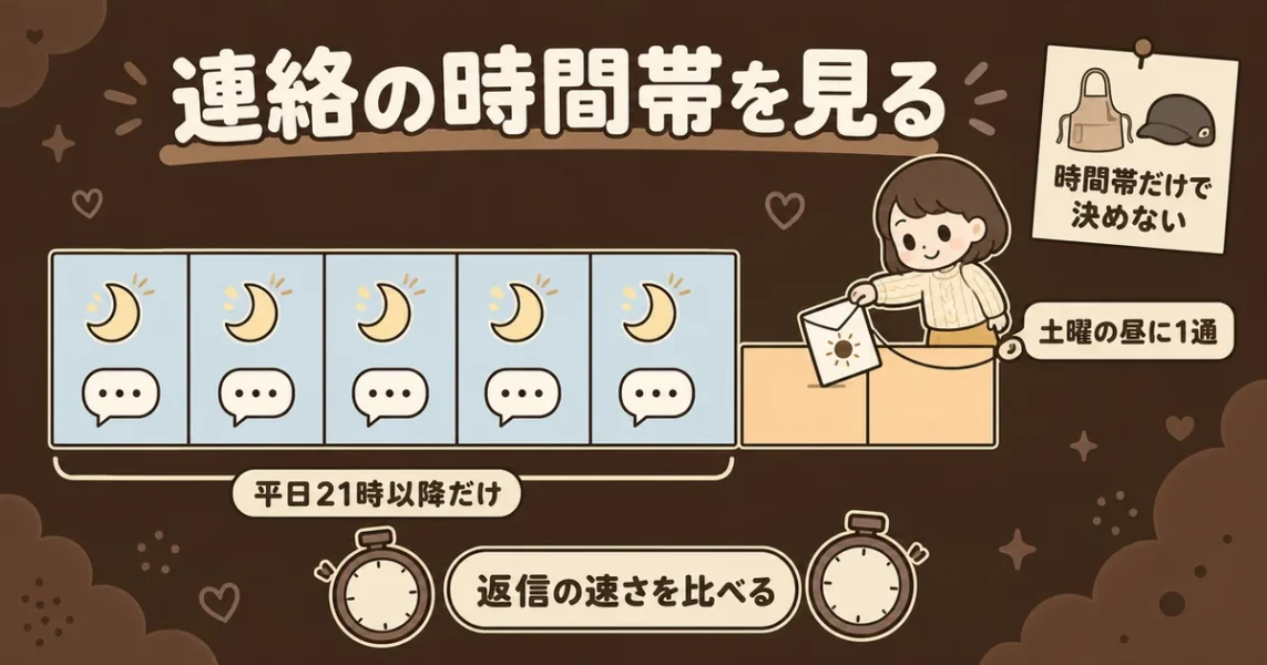 マッチングアプリで平日の夜しか連絡がない男性を土曜の昼の返信で確かめる図