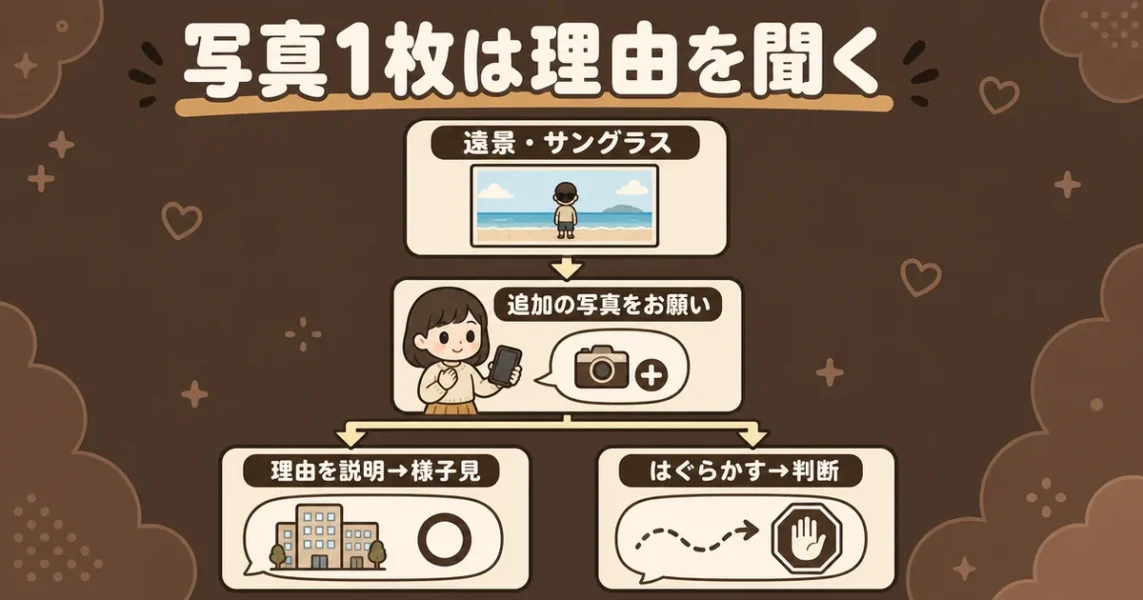 マッチングアプリで写真が1枚しか載ってない男性に追加の写真をお願いして見る図