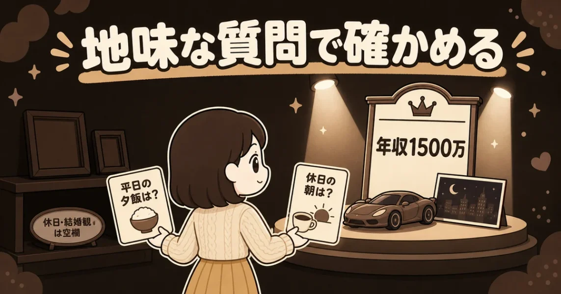 マッチングアプリで年収と職業だけ盛ってる男性を日常の質問で見分ける図