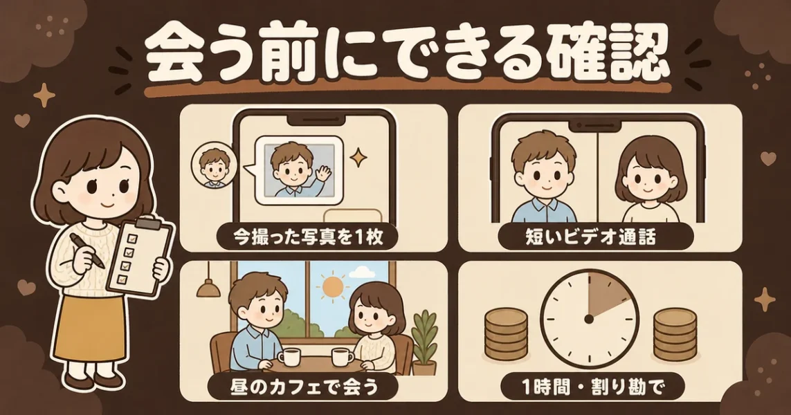 マッチングアプリで写真と実物が別人だった時の対処と、会う前にできる確認の図