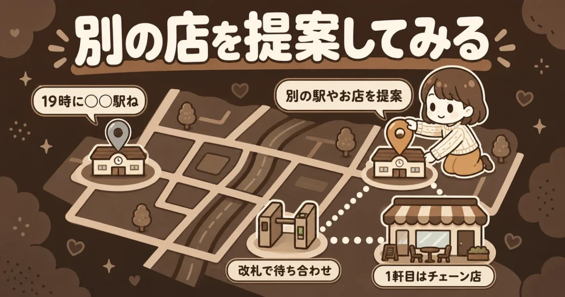 マッチングアプリで店も時間も勝手に決める男性に別の店を提案して確かめる図