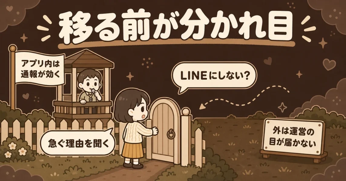 マッチングアプリですぐLINEに移りたがる男性と、移る前に確認することの図