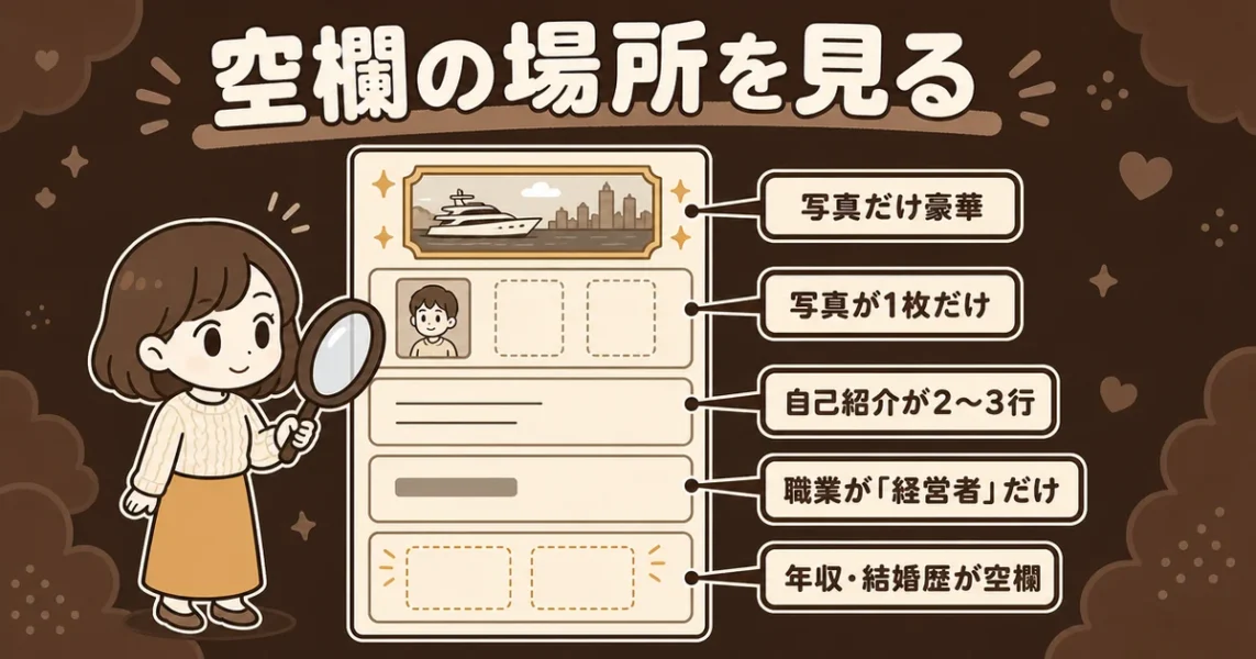 マッチングアプリのやばい男を見抜くステップ1。プロフィールの空欄を見る図