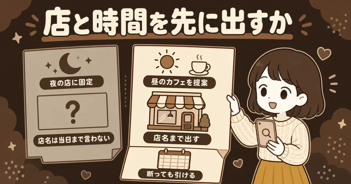 マッチングアプリのやばい男を見抜くステップ3。デートの誘い方で店と時間を見る図