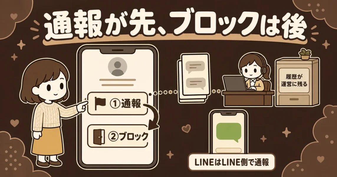 マッチングアプリで気をつけた方がいい男性は通報してからブロックする順番の図