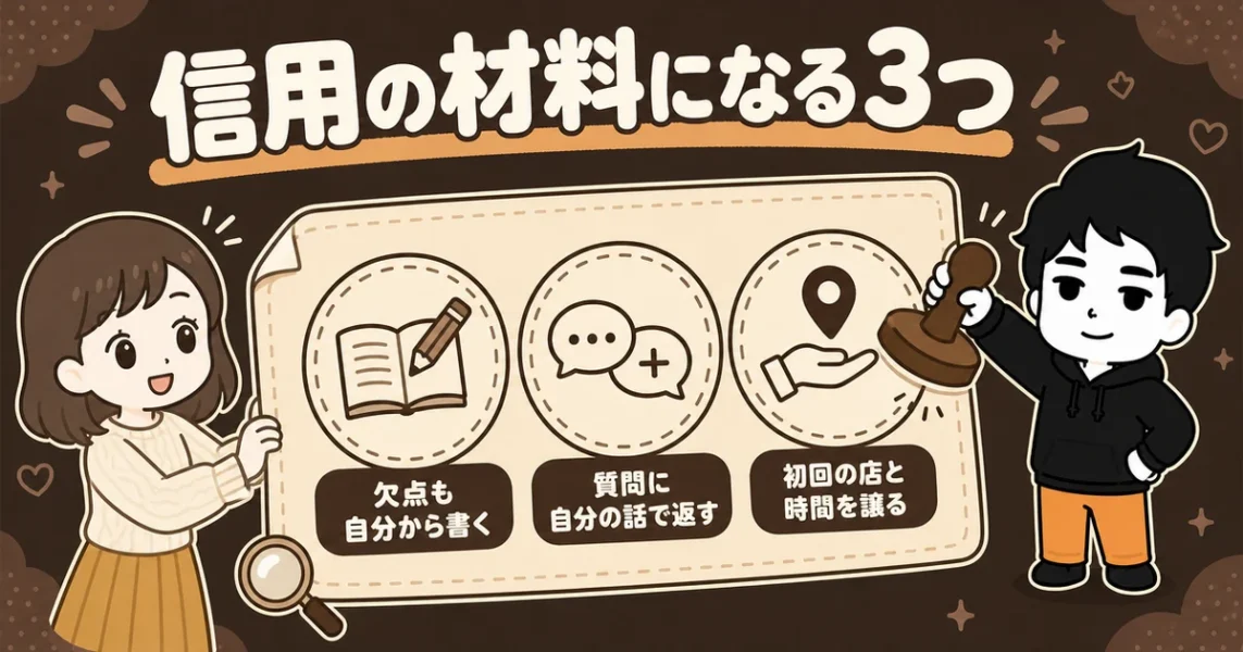 マッチングアプリで信用していい男性に共通する特徴3つをまとめた図