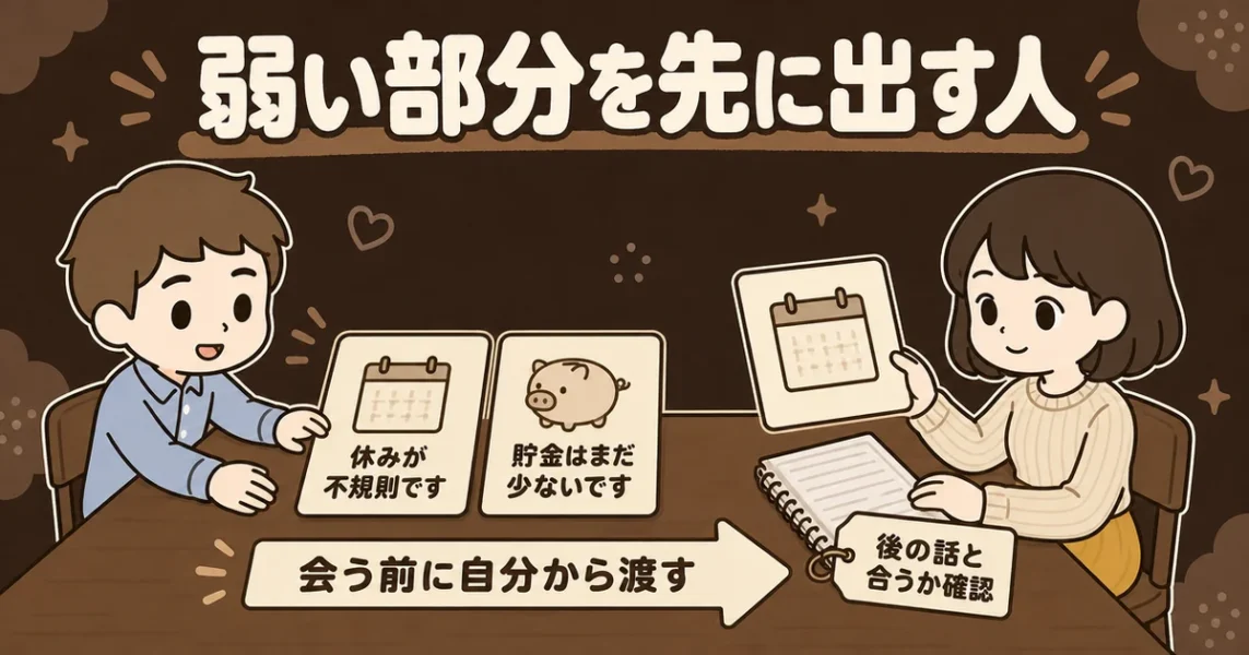 マッチングアプリで信用していい男性は欠点も自分から書く、という特徴の図