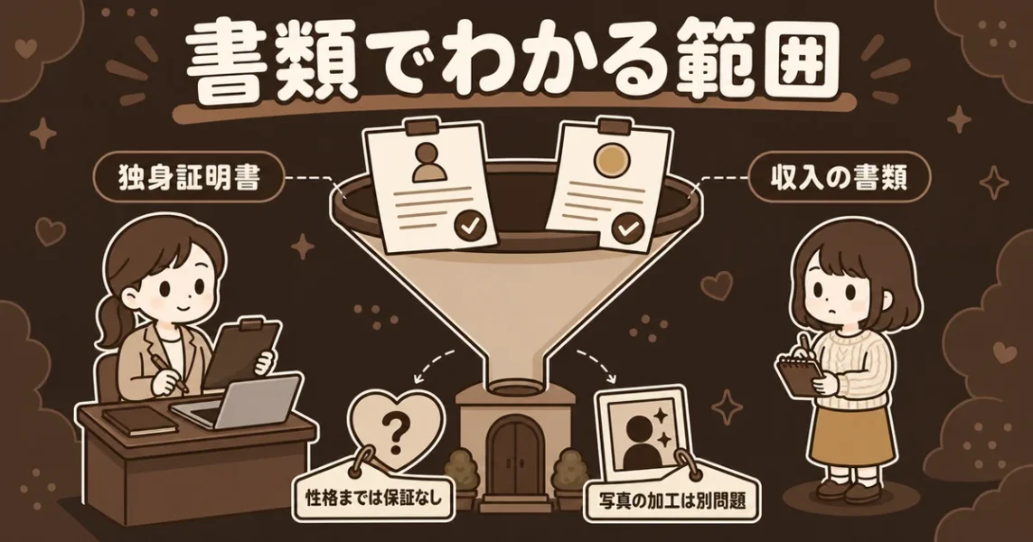 結婚相談所は独身と年収を書類で確認するが、性格までは保証されないという図